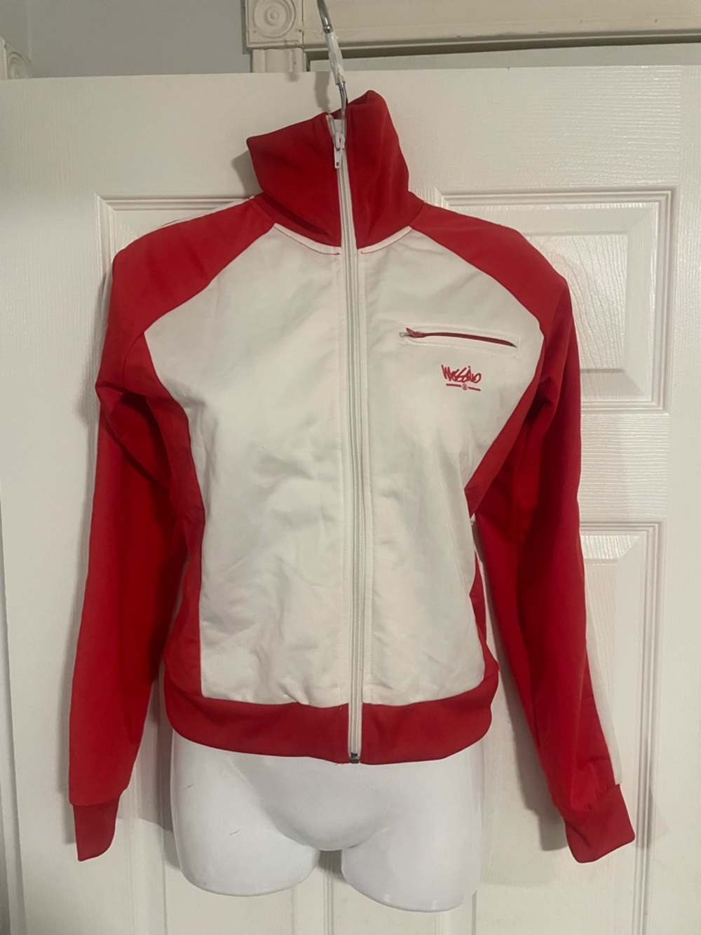 Retro Vintage Mossimo Red and White Zip-Up Track Jacket Size S